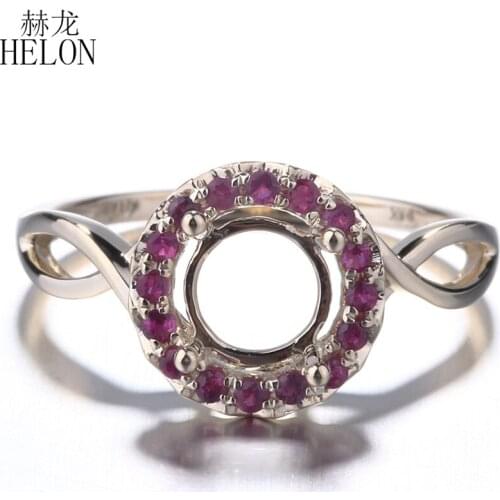 HELON Solid 14K Yellow Gold Genuine Rubies Semi Mount Engagement Wedding Ring 6.5mm - 7mm Round Setting for Women fine jewelry