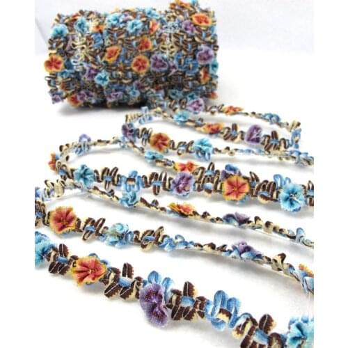 2 Yards Brown Woven Rococo Ribbon Trim with Multicolor Fan Shaped Flower Buds|Decorative Floral Ribbon|Scrapbook Materials