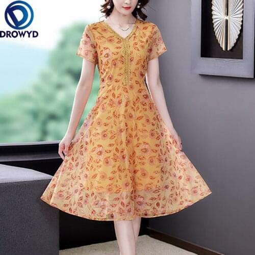 Women Boho Midi Dress Summer 2021 New Office Lady Print Short Sleeve Mesh V-Neck Stretch Zipper Blue Orange Dresses Traf Robe