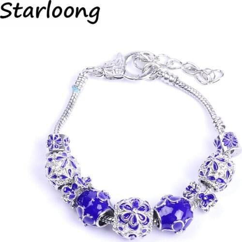 European Style Authentic Tibetan Silver plated drop oil alloy beads flower Charm bangles for Women Original DIY Jewelry Gift