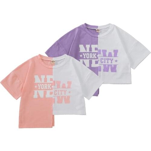 Pudcoco 2-7 Years Kids Baby Girls Fashion Color Block Letter Print T-shirt Stylish Casual Summer Short Sleeve Tops Pink/Purple