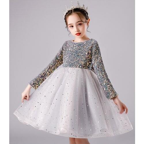 Luxury Girls Dress Sequin Bridesmaid Princess Dress Long Sleeve Wedding Gown For Girls Children Party Communion Formal Costume