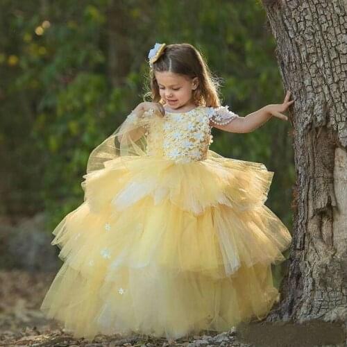 2019 Light Yellow Flower Girl Dresses Cap Sleeves 3D Floral Appliques Ruched Ball Gown Girls Communion Dress