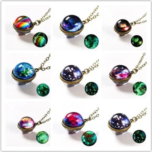 Nebula Galaxy Noctilucent Double Sided Pendant Necklace Glass Art Picture Handmade Statement Universe Planet Jewelry For Women