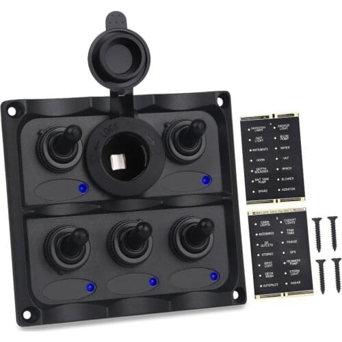 Waterproof Circuit Breaker Yacht Boat Switch Panel 12v Marine Car 5 Gang Rocker Switch Panel Led + Cigarette Lighter Plug