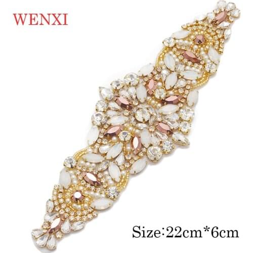 WENXI 5pcs Handmade Bride Rhinestones Appliques Banding Iron On Wedding Dress Belt Rose Gold opal Crystal Accessory WX928
