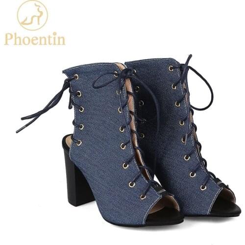 Phoentin peep toe blue denim boots lace up summer boots women cross-tied open heel super high heels woman shoes size 33 48 FT630