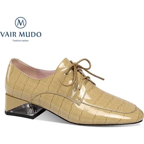 VAIR MUDO Spring Autumn Pumps Shoes Women New Office & Career Female Thick Heels Lady Square Toe Classics Black Lace UP D128L