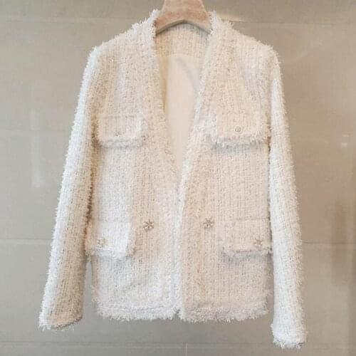 Small fragrance tweed diamond tassel blazer women autumn winter v-neck loose suit jacket