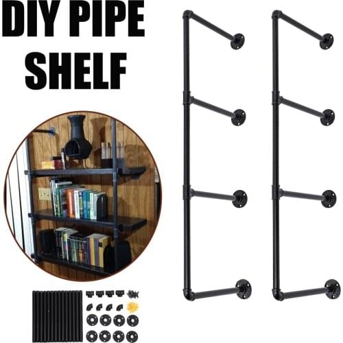 2Pcs 4 Tier DIY Industrial Retro Bookshelf Wall Mounted Storage Shelves Bracket Iron Pipe Shelf for Home Decor Kitchen Kids Room