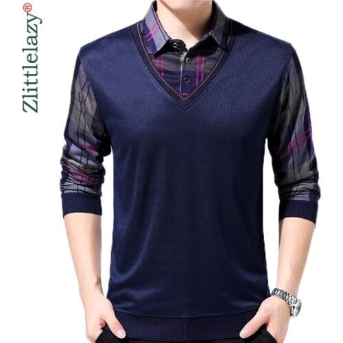 2020 Brand Fashion Slim Fitness Winter Thick Fake Two Pieces Polo Shirt Men Plaid Casual Cotton Mens Polos Shirts Clothing 8022