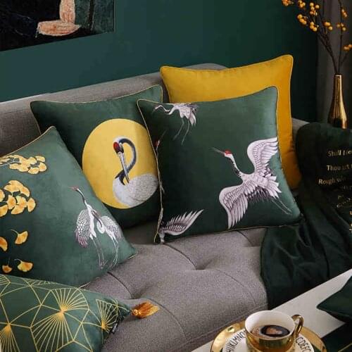 30x50/45X45cm classical retro style crane embroiderd cushion cover deep green velvet pillow case fringes ginkgo pillow cover