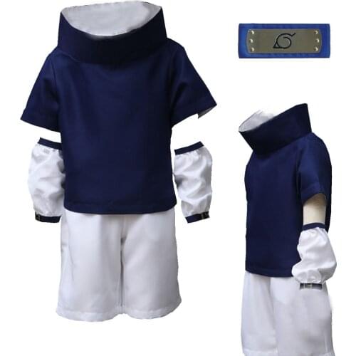 Anime cosplay Cafiona Hot Sale Anime Uchiha Sasuke Cosplay Costume Halloween Blue Jacket White trousers for Child