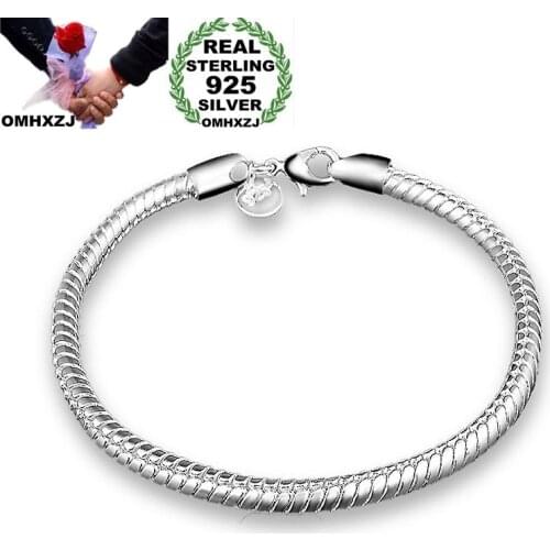 OMHXZJ Wholesale Personality Fashion OL Woman Girl Party Wedding Gift Silver Flat Snake Chain 925 Sterling Silver Bracelet BR126