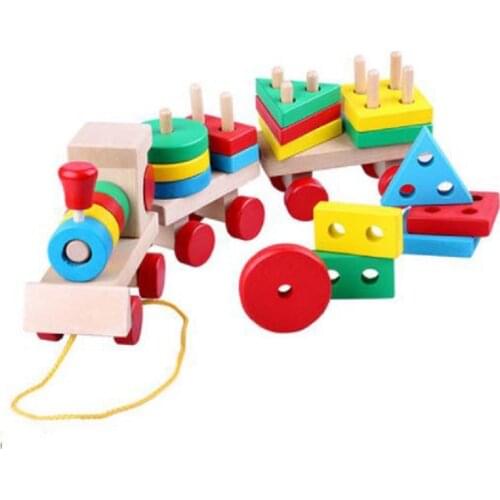 Wooden childrens toys, geometrical blocks, small train assembly