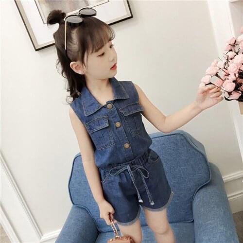 Girls Denim Outfit Two Piece Set Top & Shorts Sleeveless Summer Child Girl Clothes Sets Kid Clothing 4 5 6 7 8 9 10 11 12 Years