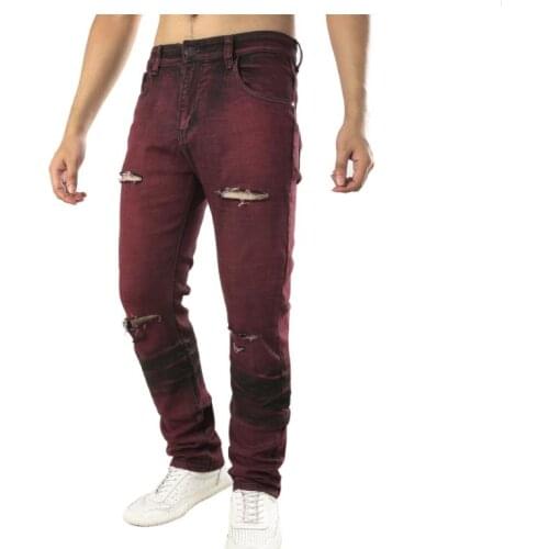 Biker Mens Red Jeans Slim Holes Ripped Distressed Stretch Denim Pants Men Hip Hop Trousers Size 40 42 Dropshipping
