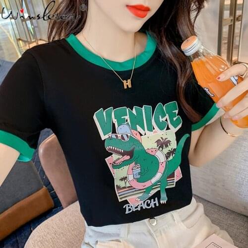 Cartoon Dinosaur Print T-shirt Women Letters Cotton O-neck Short Sleeve Cute Preppy Style Casual Tops Tees Summerr T17513A
