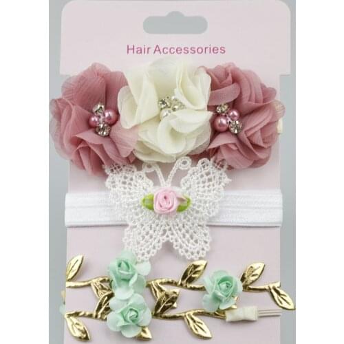 Nishine 3pcs/lot Baby Girls Chiffon Flower Headband Newborn Leaves Butterfly Rose Headwear Photo Props Kids Hair Accessories Set