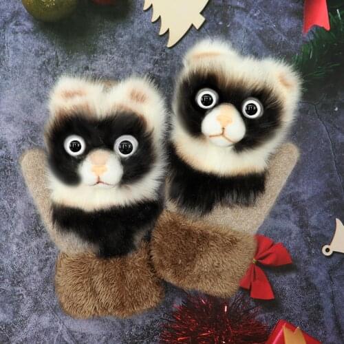 Cute Warm Winter Fur Plush Knitted Guantes Gloves Animal Pattern Thickening Cartoon Simulation Animal Gloves Full Finger Mittens