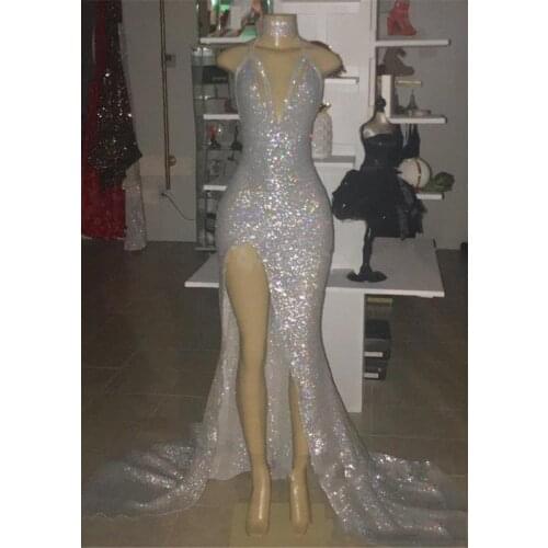 New Sparkly Silver Sequin Cheap Mermaid Prom Dresses Long Halter Neck V Neck High Side Split Evening Party Wear Formal Dresses