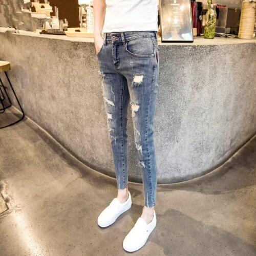 Wholesale 2020 Trendy mens self-cultivation ripped denim trousers social spirit guy denim trousers ankle length pencil pants