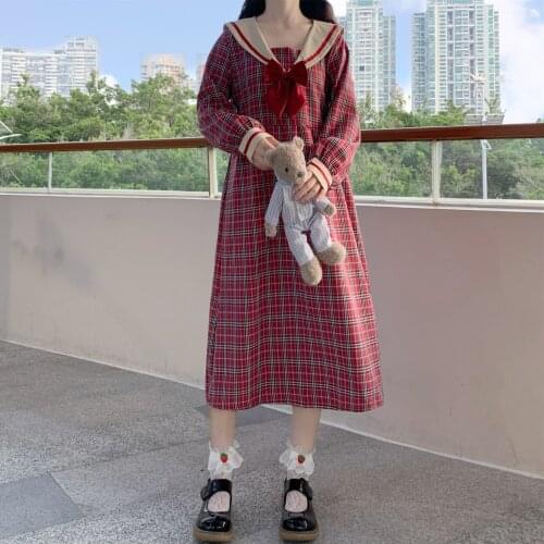Sailor Collar Dress Womens Autumn Japanese-Style Sweet College-Style Long Sleeve High Waist Slim Plaid JK Sailor Dress