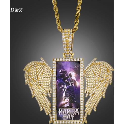 D&Z Custom Photo Pendant With Angel Wing Engrave Supportable Iced Out Cubic Zircon Hip Hop Custom Jewelry With 20Inch Rope Chain
