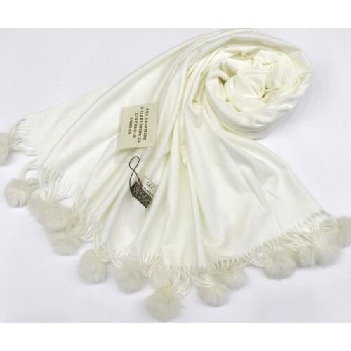 Luxury Brand Solid Pashmina Cashmere Scarf With Rabbit fur ball Women Long Blanket Scarf Wrap Wool Scarves Shawls and Scarves