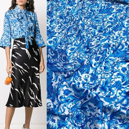 145cm Width Fashion Blue and white porcelain Printed Imitation Silk Satin Fabric For Woman Dress Blouse Pajamas Sleepwear DIY