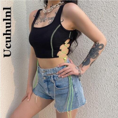 Ucuhulnl Black Sexy Crop Top Women Sports Vest Backless Camis Lace Up Bandage Tank Top Club Party Bustier Summer Streetwear 2021