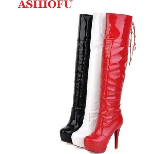 ASHIOFU New Sexy Handmade Ladies High Heel Platform Boots Faux Patent Leather Over Knee Boots Pole-dance Night-club Fashion Boot