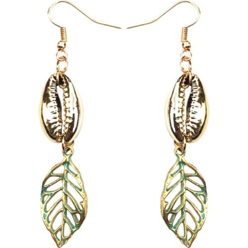 DM Leaf Cowrie Shell Drop Earrings For Women Golden Hook Bohemian Earrings Fashion Jewelry oorbellen kolczyki boucle d'oreille