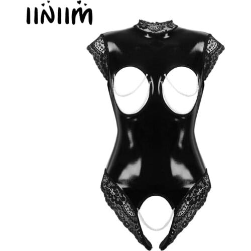 Womens Wetlook Clubwear Bra Hole Patent Leather Lingerie Open Breast Crotchless Lace Trimmed Sissy Teddies Bodysuit Nightwear