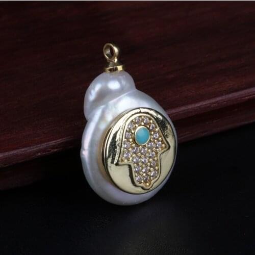 Gold coin real natural freshwater pearl bead white cz fatima hand hamsa blue eye luck protect charm for jewelry diy for choker