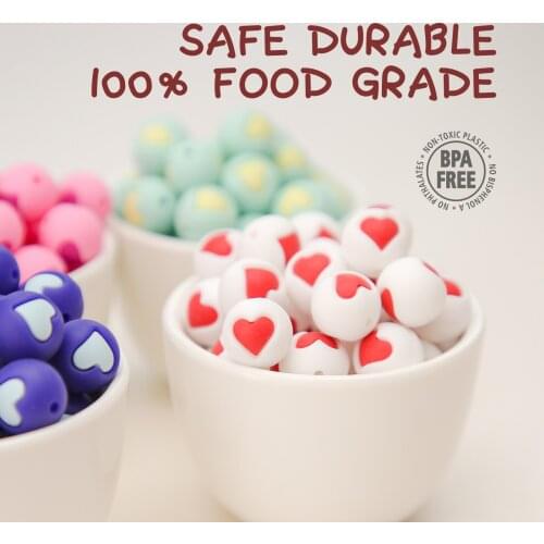 20 Pc Baby Teether Silicone Beads 14mm DIY Pacifier Chain Bracelet BPA Free Silicone Bead Double-sided love Round Beads
