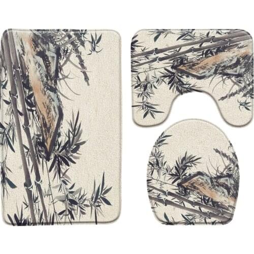 Chinese Style Ink Bamboo Bath Mat 3 Set Hand Painted Plant Bathroom Rugs Bathtub Carpet Anti-Slip Toilet Mats Bathroom Products