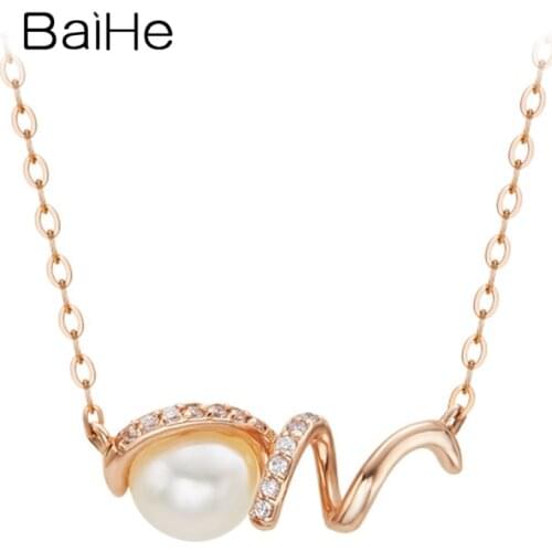 BAIHE Solid 18K White/Yellow/Rose Gold 6-6.5mm Freshwater pearl 0.04ct Diamonds Necklaces Women Fine Jewelry Wedding бижутерия