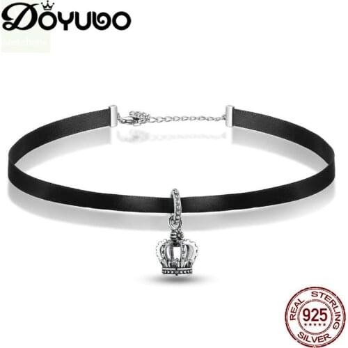DOYUBO Classical 925 Sterling Silver Black Velvet Leather Torquest Vintage Womens Crown Charms Necklaces For Party Gift AKK017