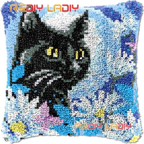 Latch Hook Cushion Cover Cat In The Night Needlepoint Kits Chunky Acrylic Yarn Crocheting Pillow Case Arts & Crafts