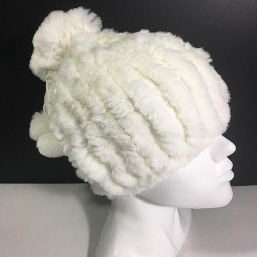 Magicfur - 100% Rex Rabbit Fur Knitted Hat Soft Warm Winter Hat Neck-warmer With Fur Pom Pom Ball