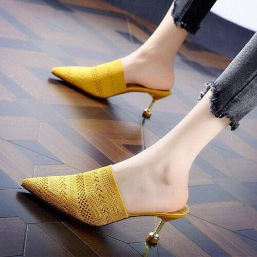 Knit Mesh Breathable High heels Mules slippers women 2020 summer shoes women Pointed Toe Thin Heels Fashion Party ladies shoes