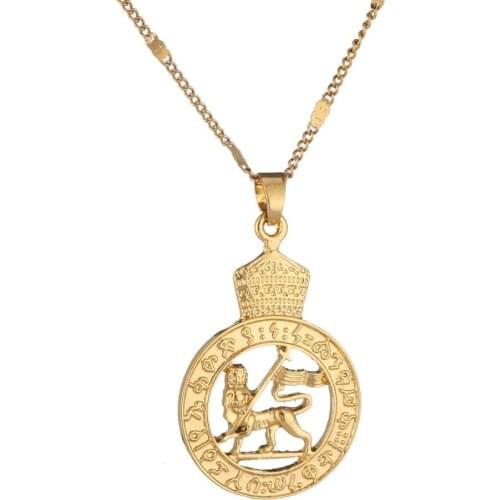 Gold Color Ethiopian Lion Pendant Necklace African Eritrea Trendy Round Pendant Jewelry