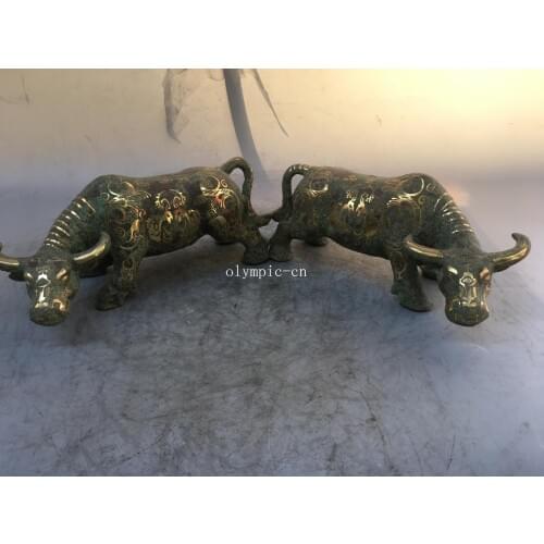 Pair 11'' old bronze inlay gild carved auspicious animal beast OX BULL statue