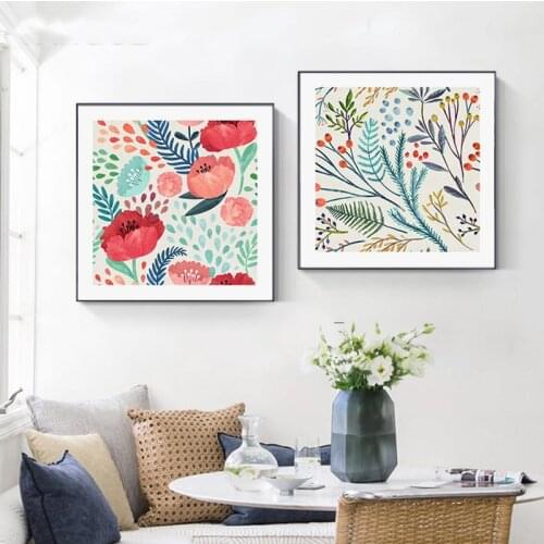 Nordic Style Green Plants Leaf Canvas Poster Print Modern Red Flowers Wall Art Painting Decoration Pictures Kids Room Home Decor