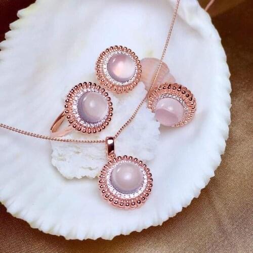 The Best Gift for Anniversary 100% Natural and Real Rose Quartz Set 925 Sterling Silver 1pc Ring,2pcs Earring ,1pc Pendant