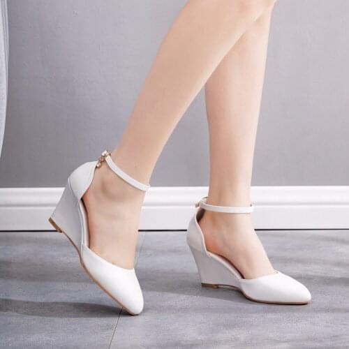 Women Shoes Platform High Heels White Wedges Ankle Buckles Female Sandals
