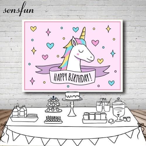 Sensfun Unicorn Party Photography Backdrop Pink Theme Little Stars Heart Ribbon Girls Children Birthday Backgrounds Photocall