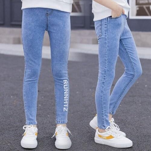 Girl Teenage Skinny Jeans New Arrival Kids Classic High Waist Skinny Jeans Medium Blue Denim Pants Letter Print Baby Trousers