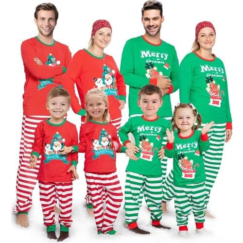 WOSHILAOCAI 2021 Christmas Family Matching Pajama Clothes Set 2pcs Soft Sleepwear Cartoon Santa Print Tops + Striped Long Pants